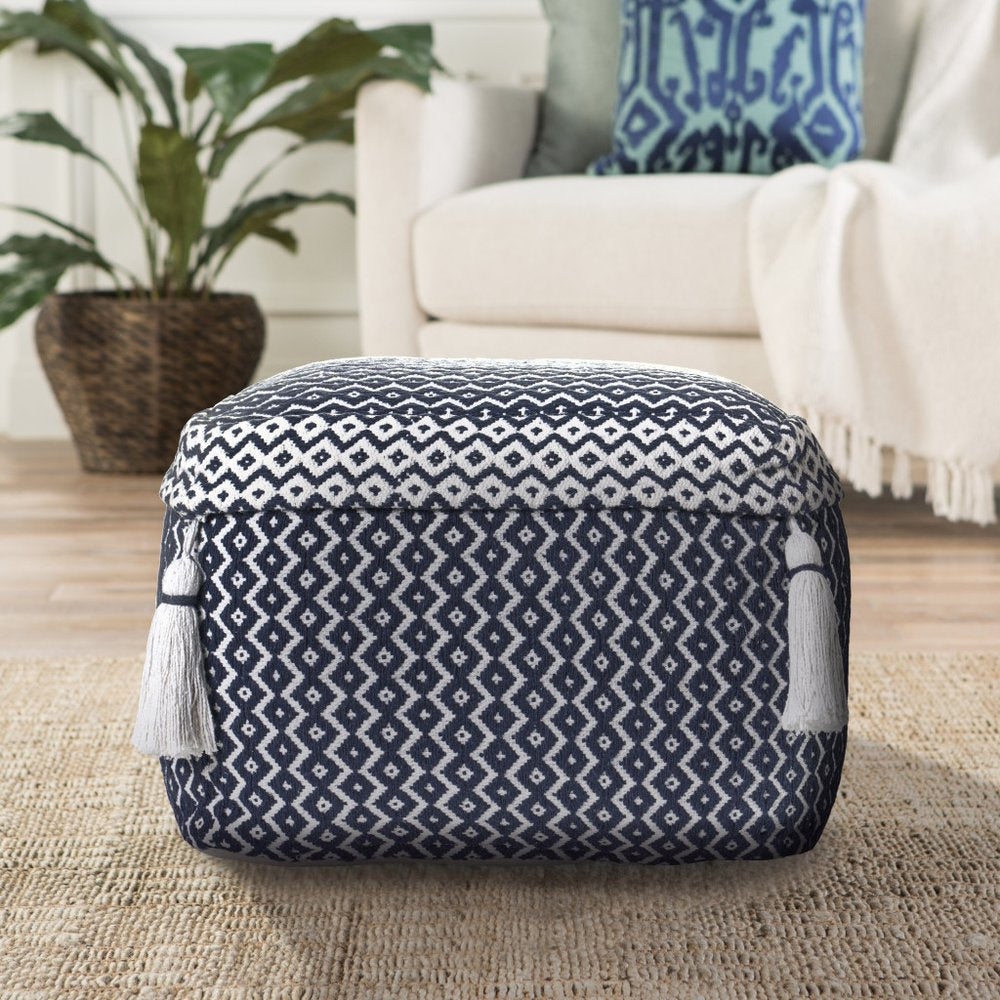18" Blue Cotton Geometric Pouf Ottoman
