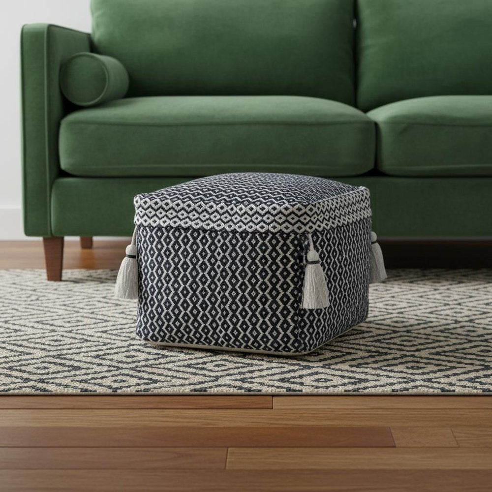 18" Blue Cotton Geometric Pouf Ottoman