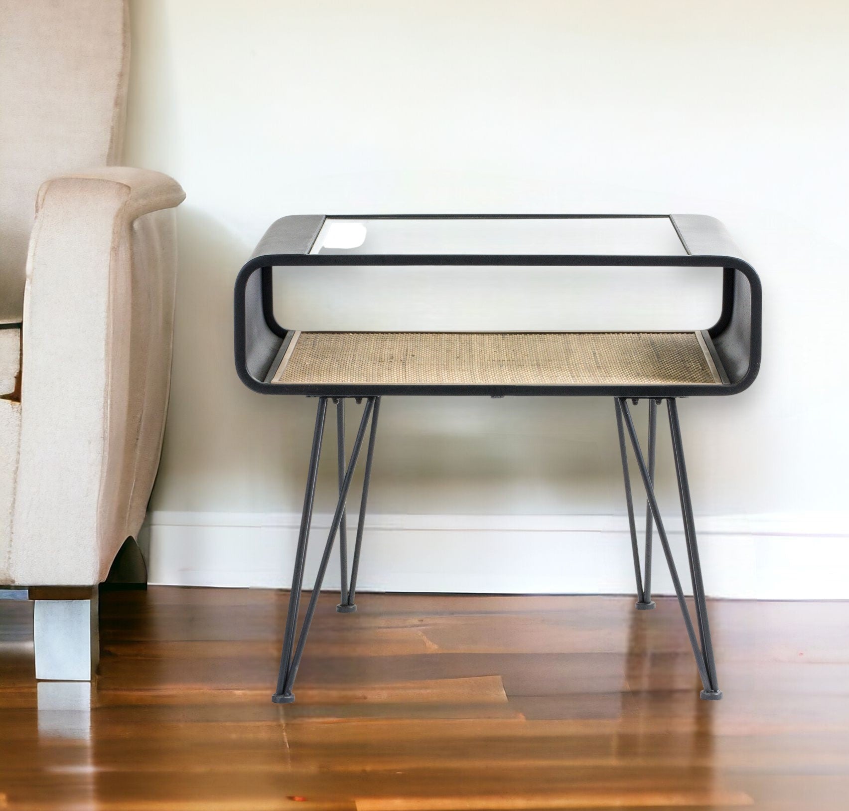 24" Black Glass End Table With Shelf
