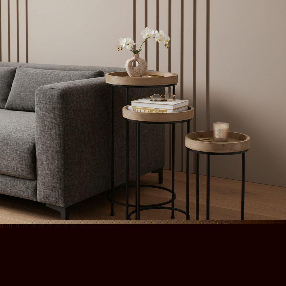 Set of Three 29" Black And Brown Round End Tables
