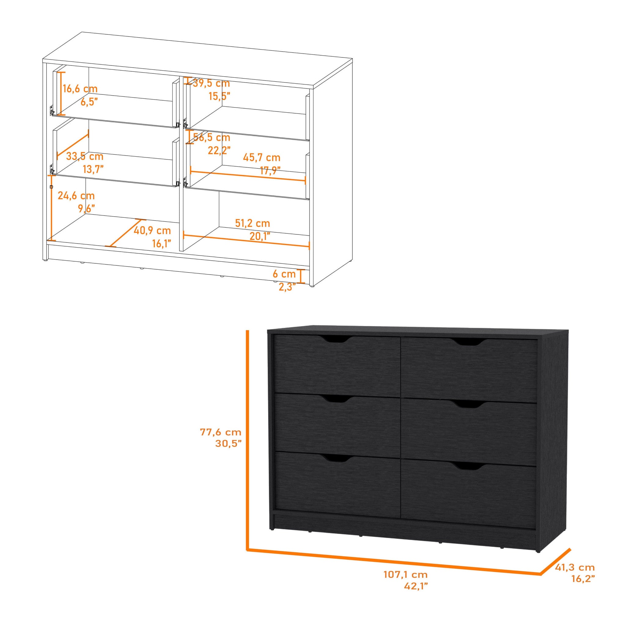 42" Black Manufactured Wood Six Drawer Modern Dresser