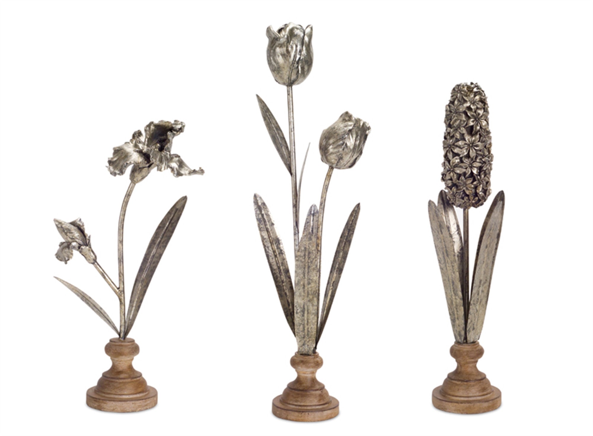 Set Of Three 16" Silver and Brown Polyresin Flower Figurine