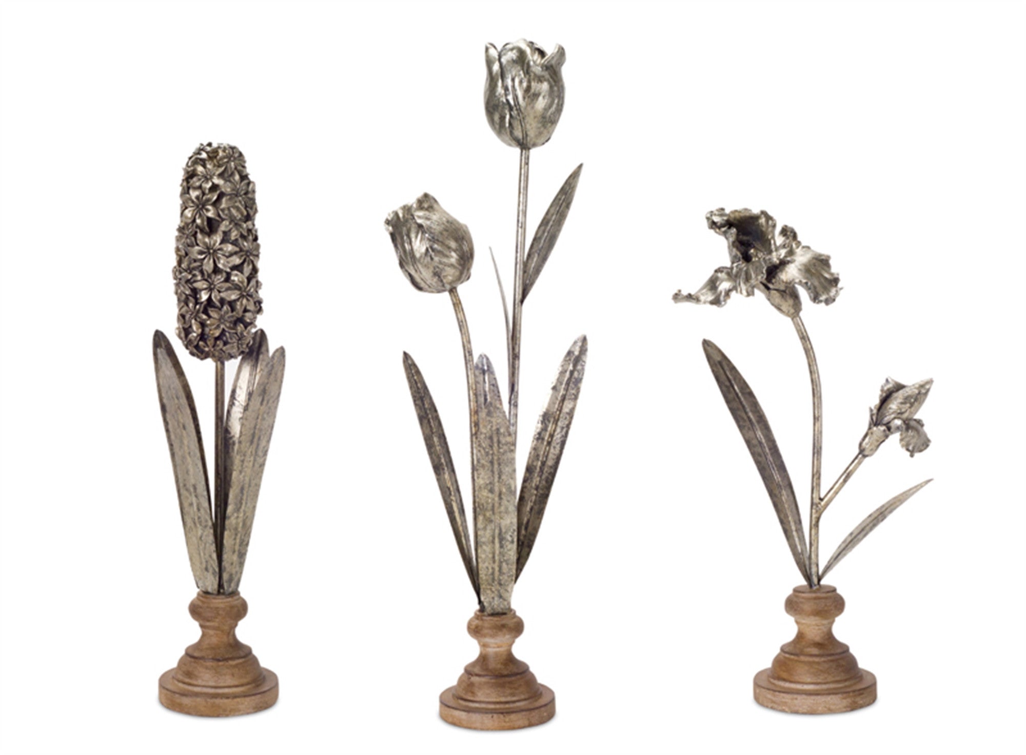 Set Of Three 16" Silver and Brown Polyresin Flower Figurine