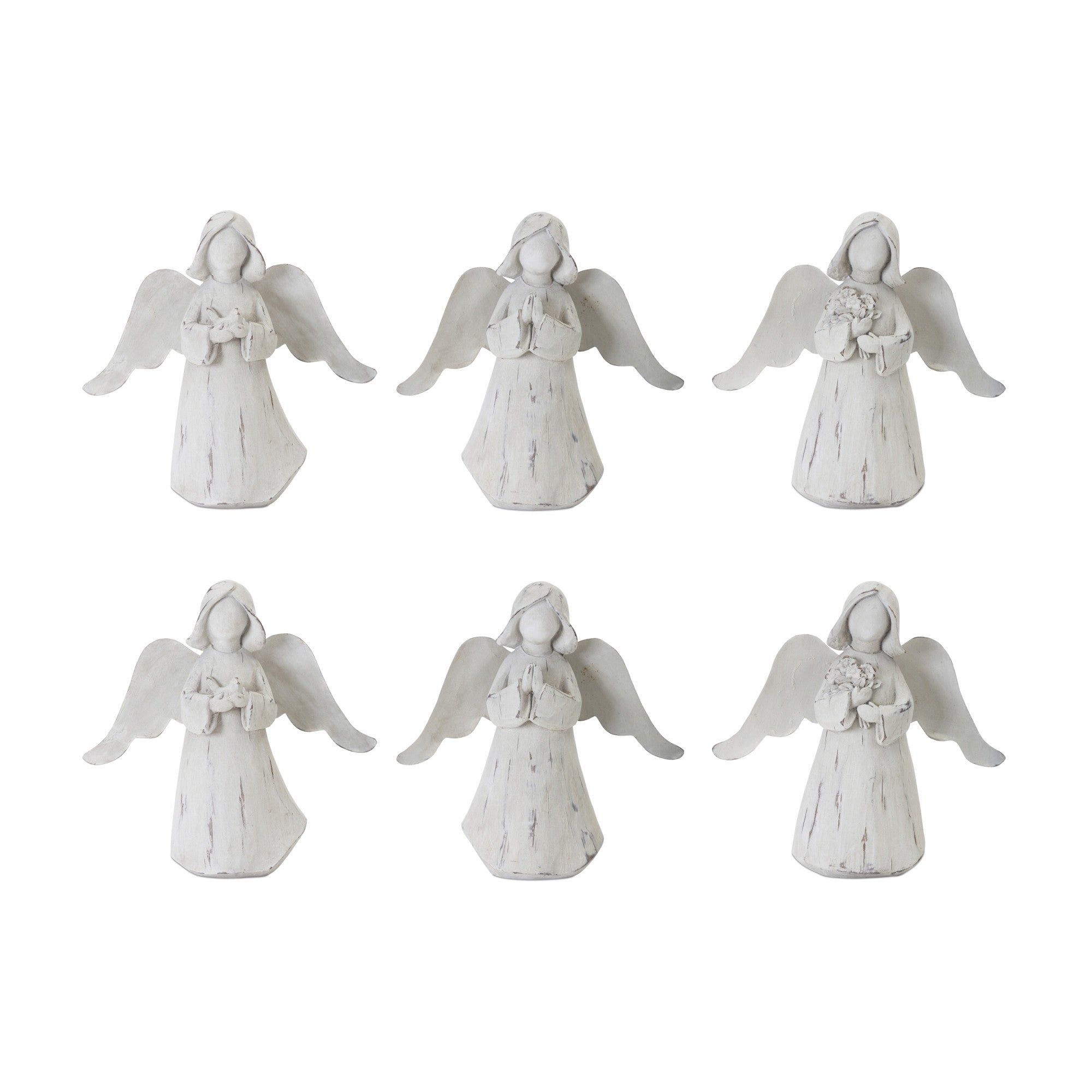 Set Of Six 6" White Washed Polyresin Angel Figurine