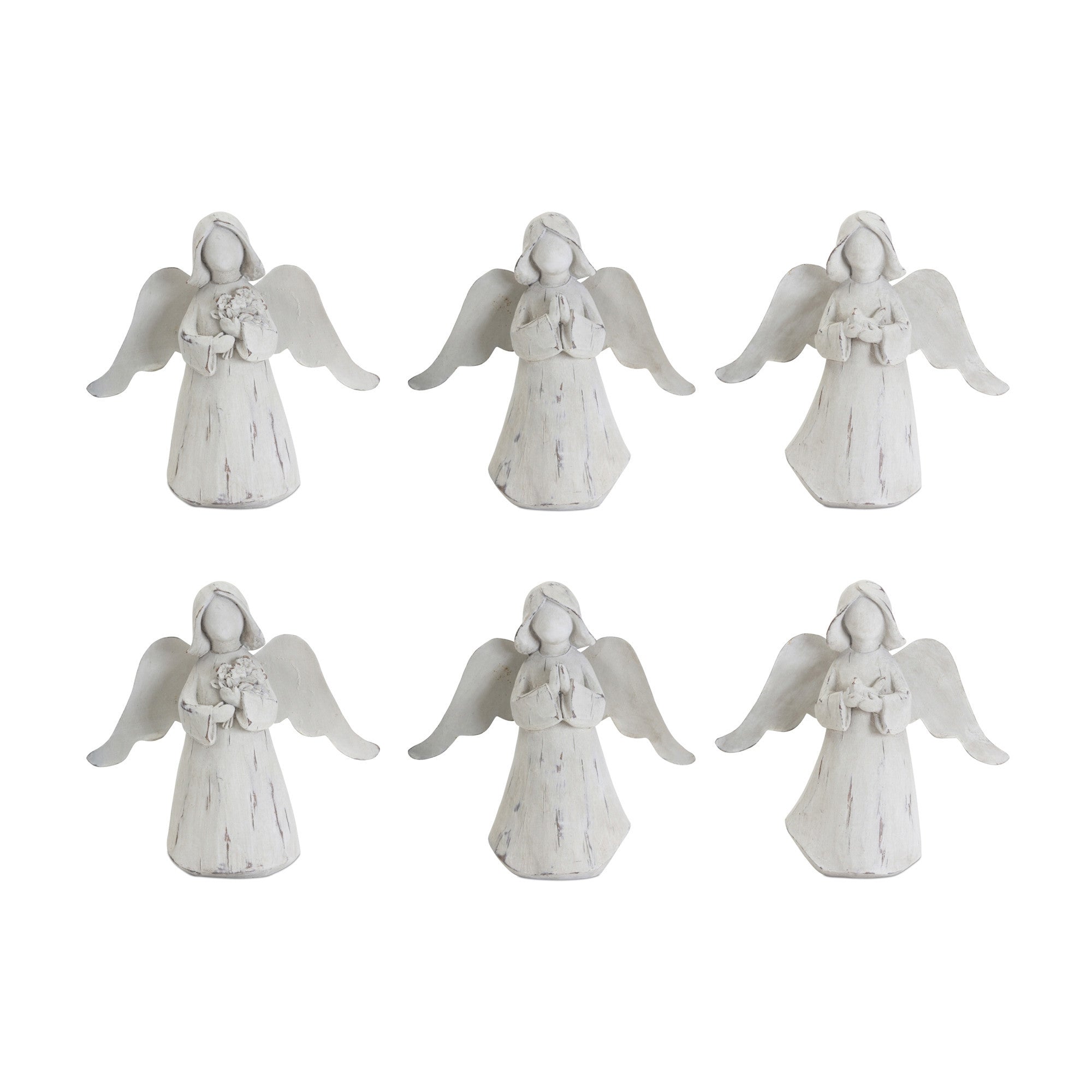 Set Of Six 6" White Washed Polyresin Angel Figurine