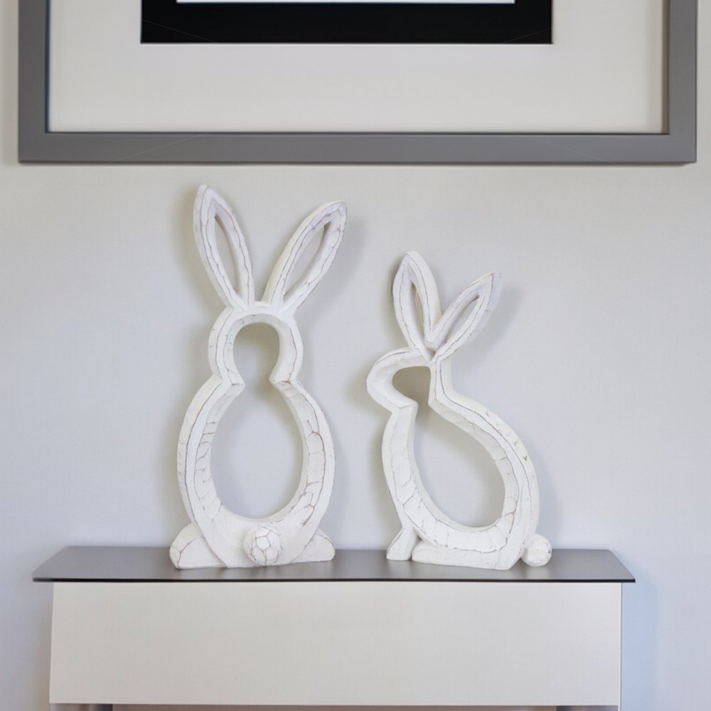 Set of Two White Polyresin Rabbit Statue Tabletop Sculpture