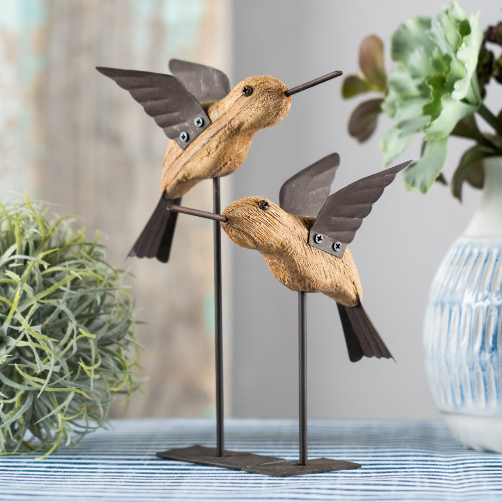 Set of Two 8" Natural Wood And Metal Bird Figurine Tabletop Sculpture