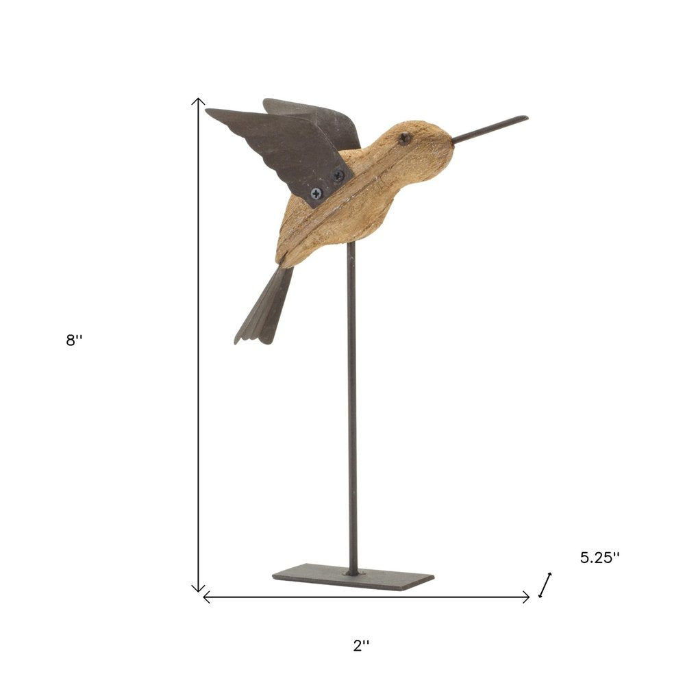 Set of Two 8" Natural Wood And Metal Bird Figurine Tabletop Sculpture