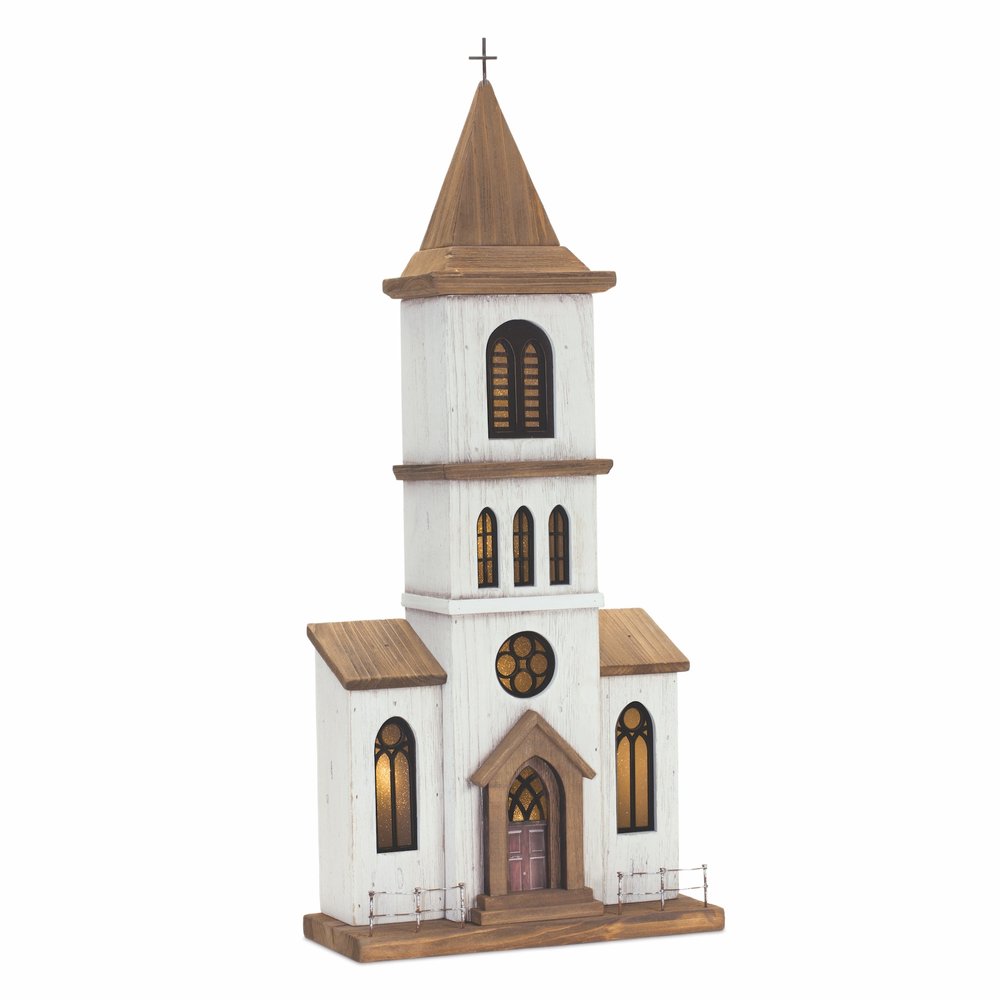 25" Brown And White Wood And Metal Church Tabletop Sculpture