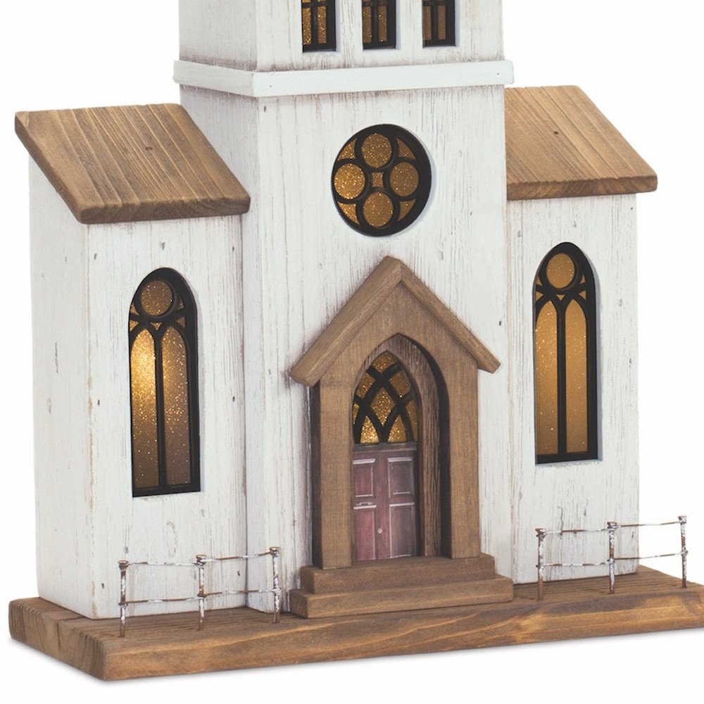 25" Brown And White Wood And Metal Church Tabletop Sculpture