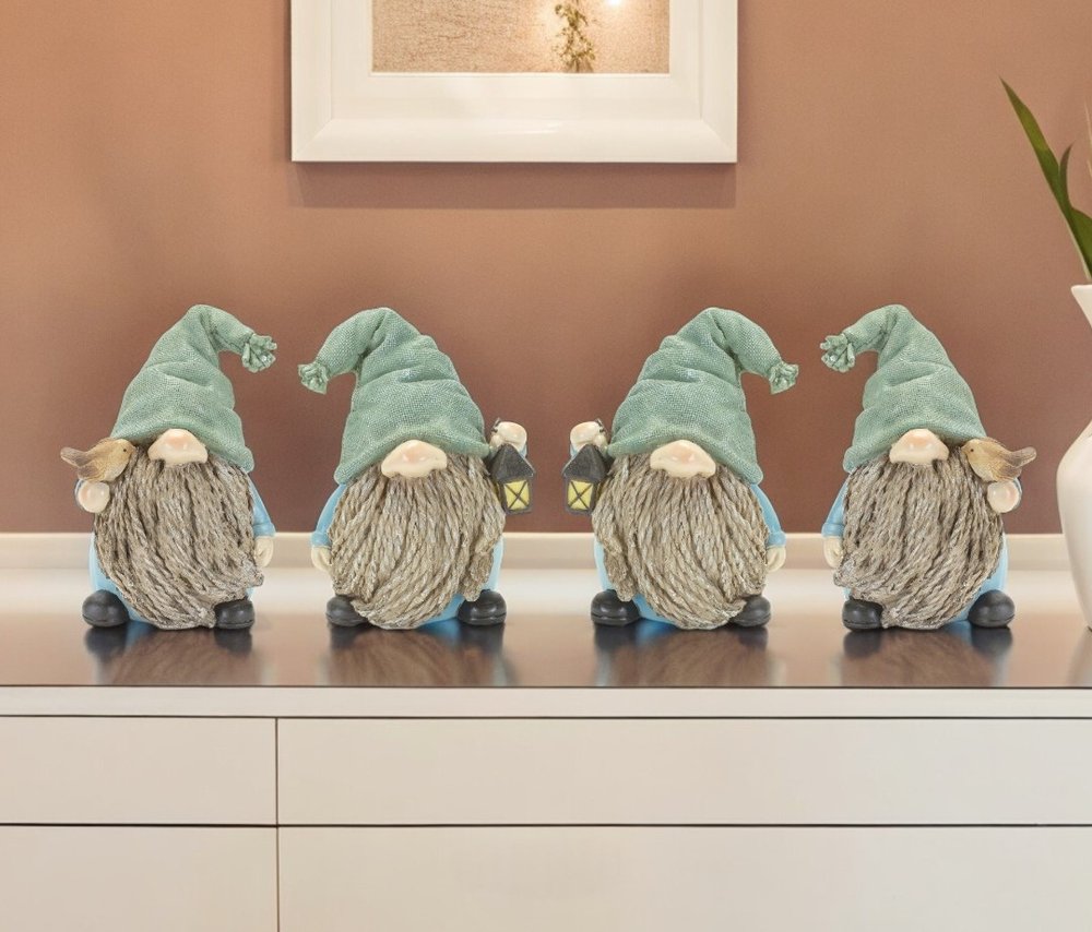 Set of Four Blue and Green Polyresin Gnomes