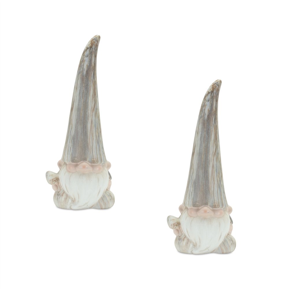 Set of Two Gray and Beige Terracotta Fairy Christmas Standing Gnome Tabletop Sculpture