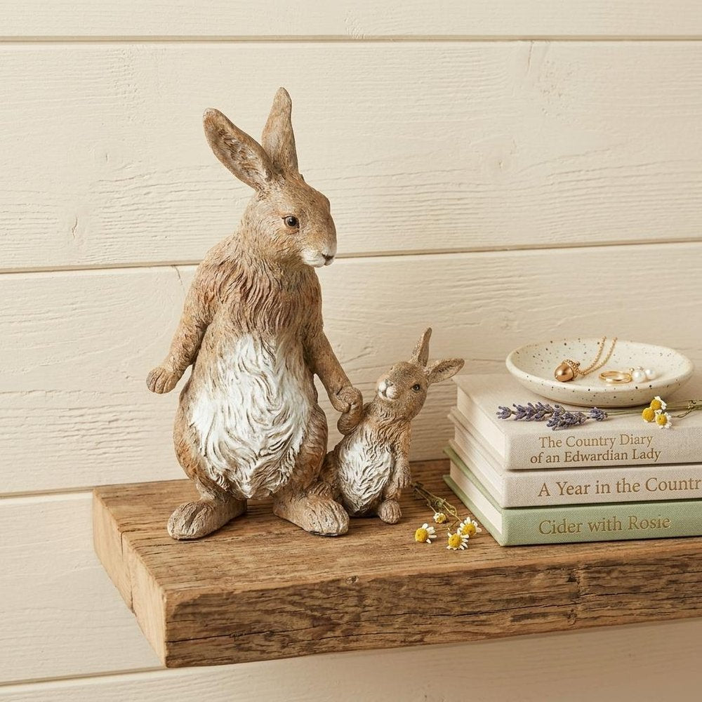 Set Of Two 7" Brown and White Polyresin Rabbit Figurine