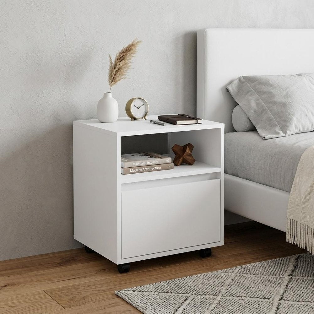 21" White Wood One Drawer Rolling Nightstand