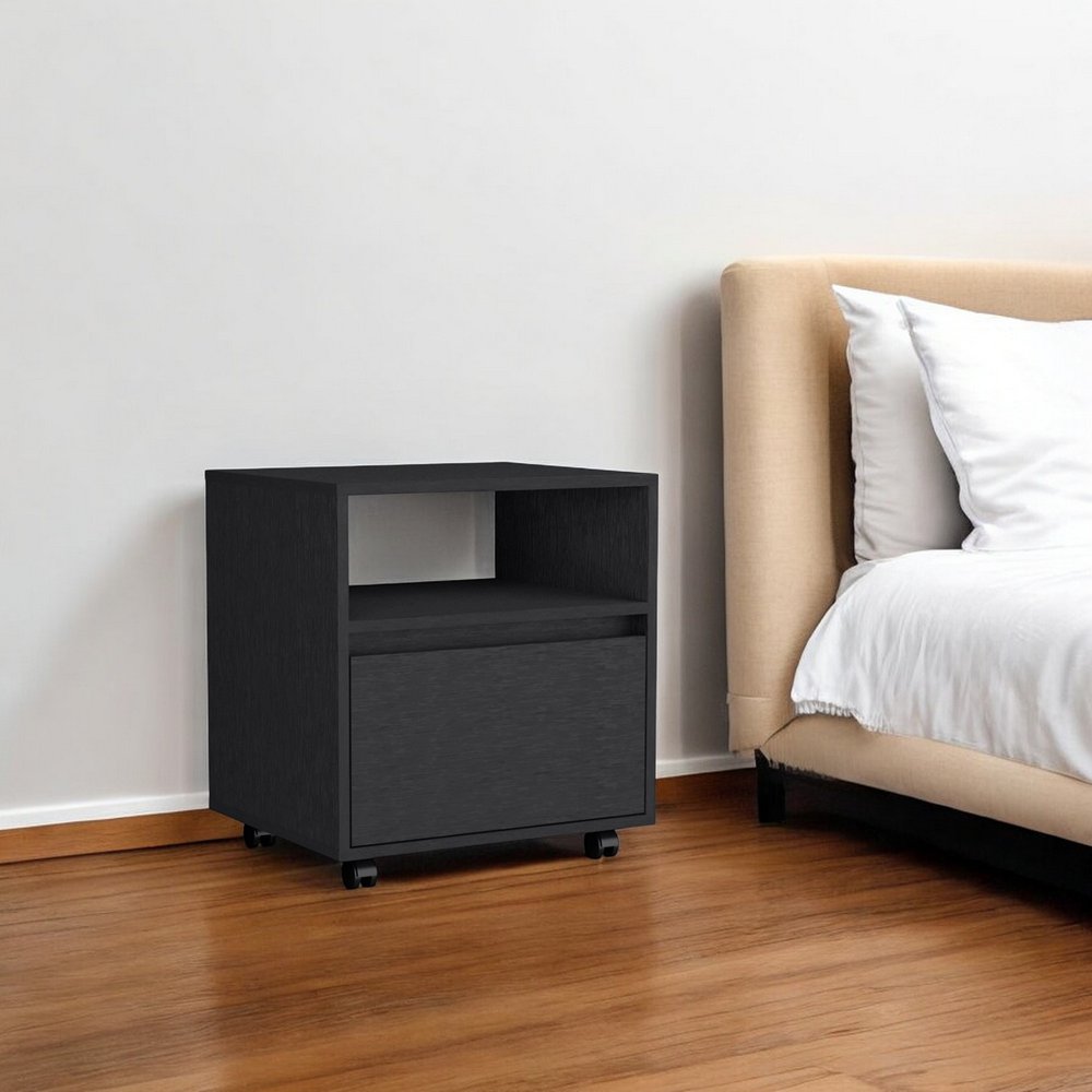 21" Black Wood One Drawer Nightstand with Integrated Tech