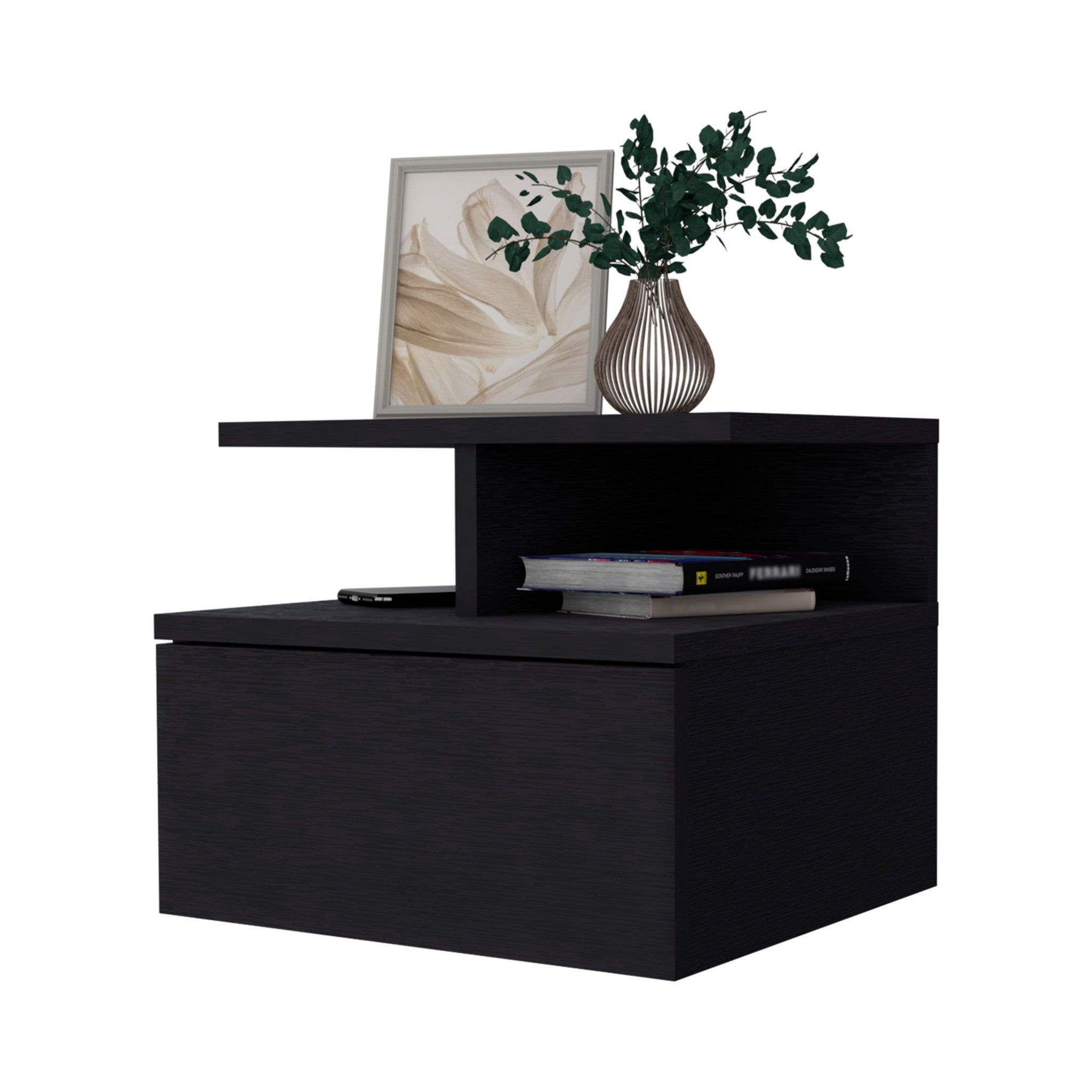 12" Black One Drawer Nightstand With Integrated Tech