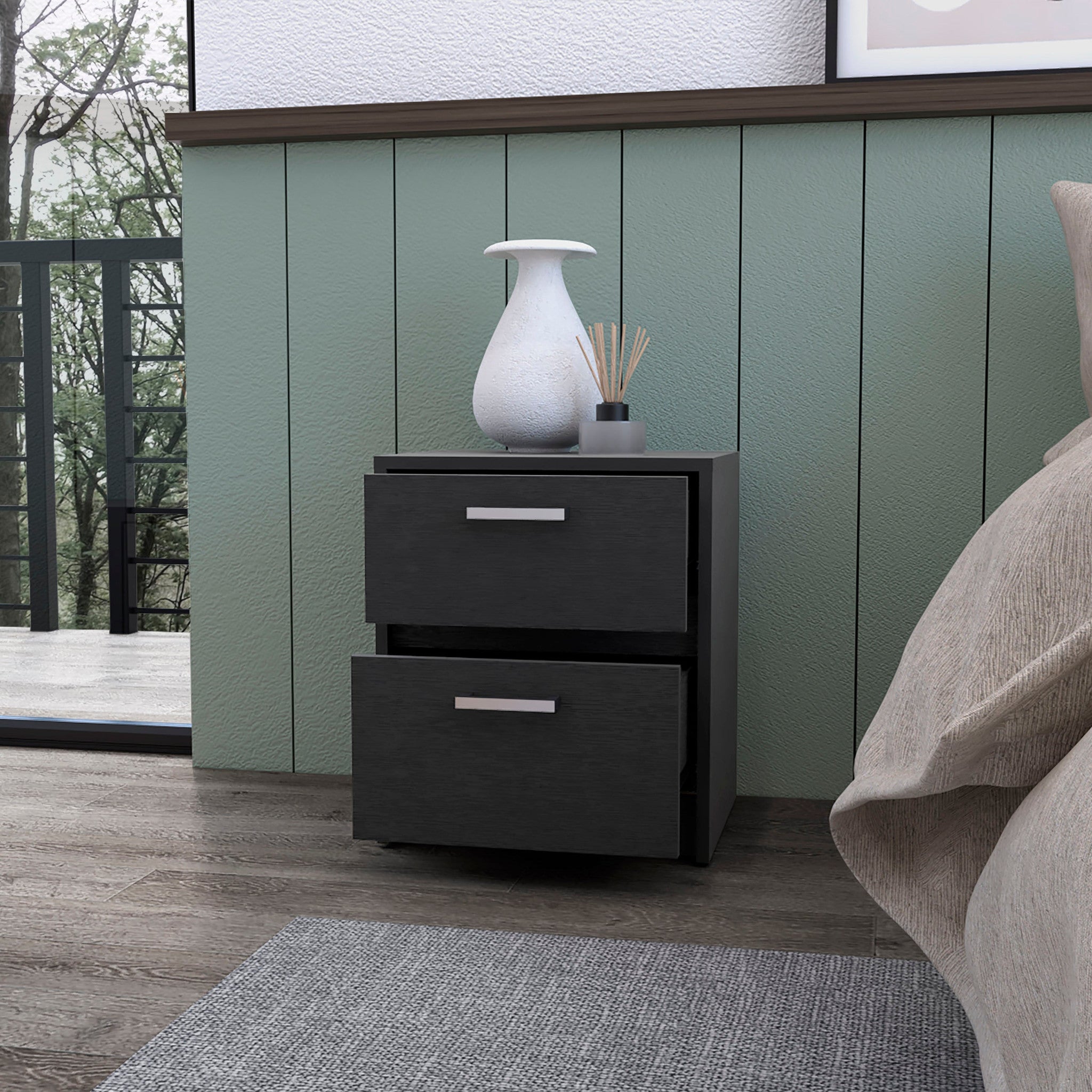 19" Black Two Drawer Nightstand With Integrated Tech
