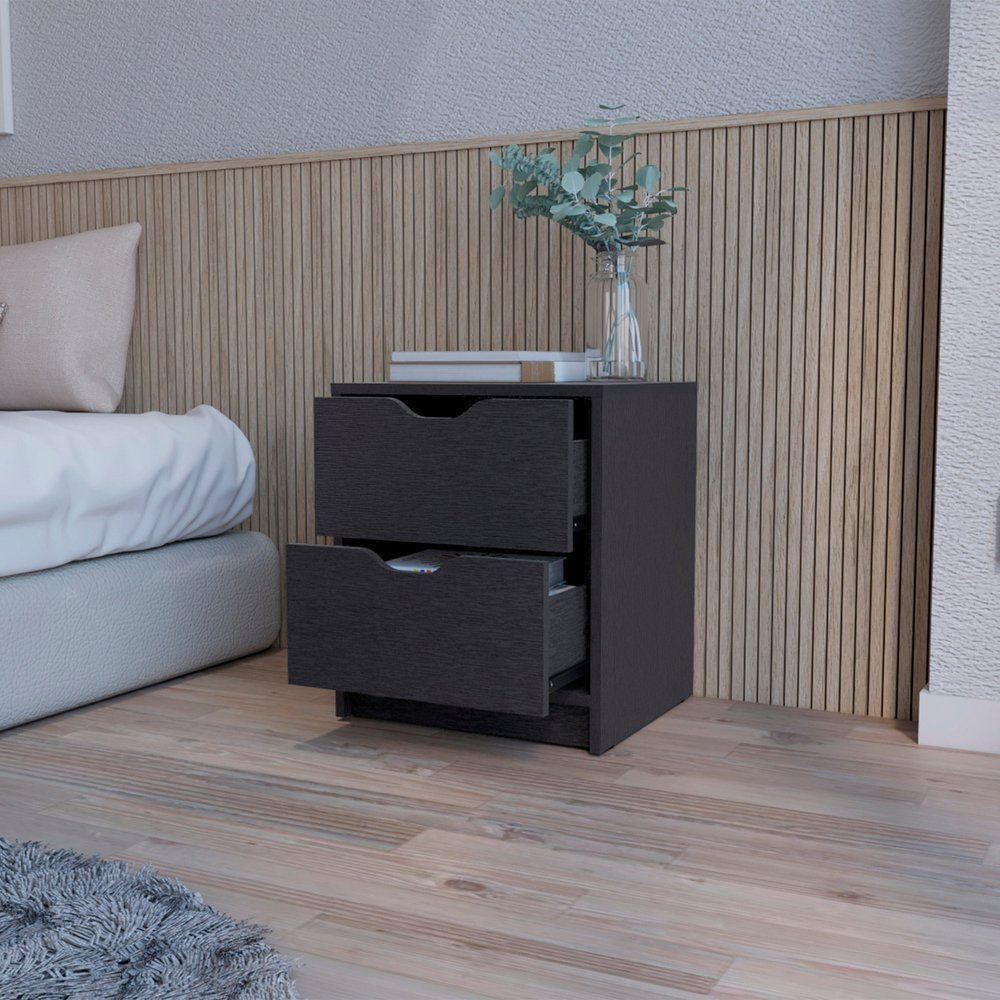 19" Black Wood Two Drawer Nightstand with Integrated Tech