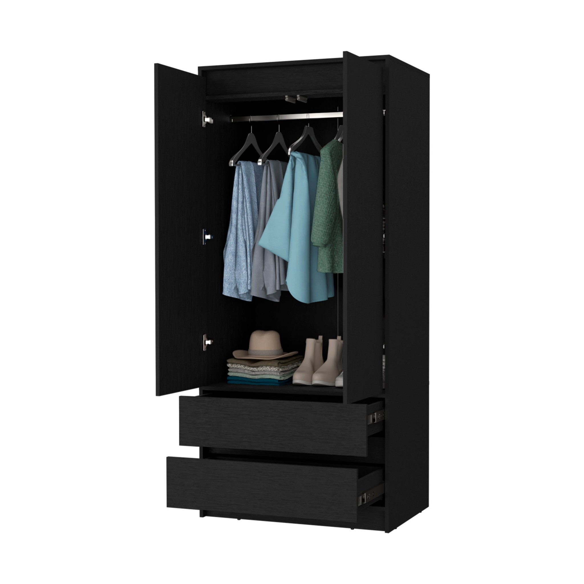 32" Black Accent Cabinet Soft Close With Multiple Shelves And Three Drawers