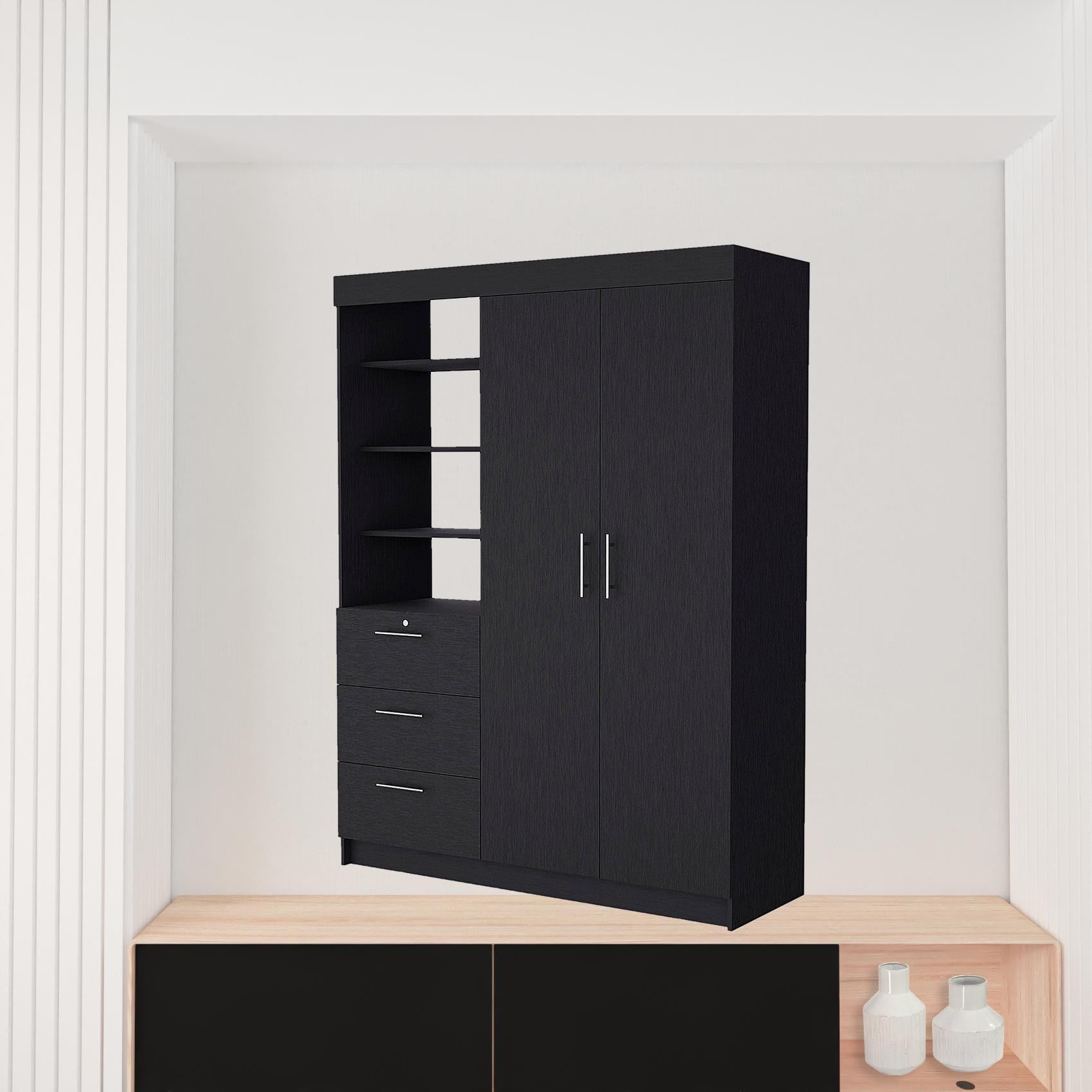59" Black Accent Cabinet Soft Close With Three Shelves And One Drawer