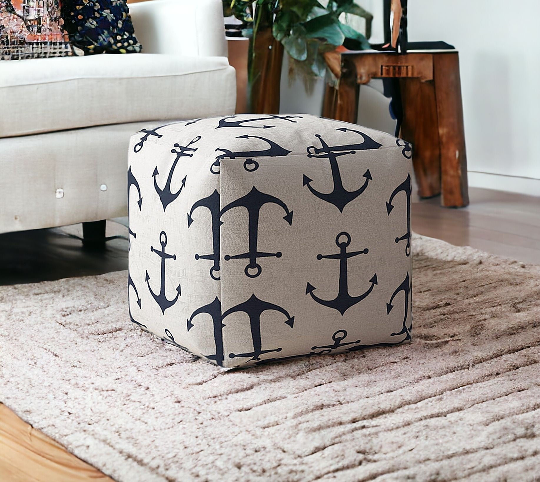 17" Blue and Gray Canvas Anchor Pouf Ottoman