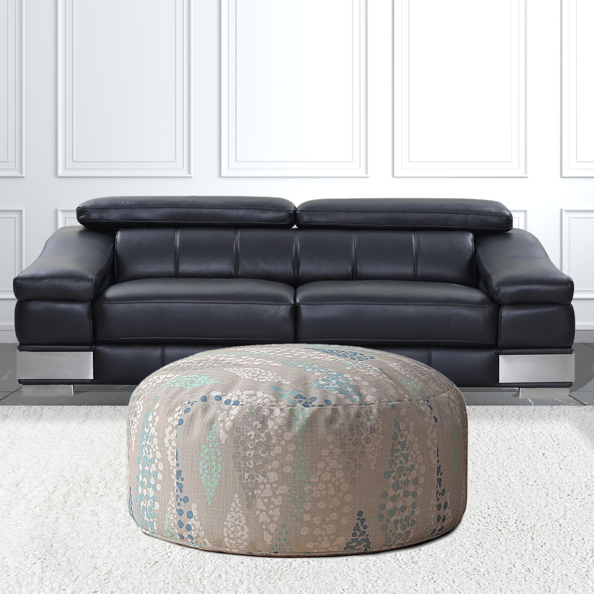 24" Ivory Canvas Round Polka Dots Pouf Ottoman