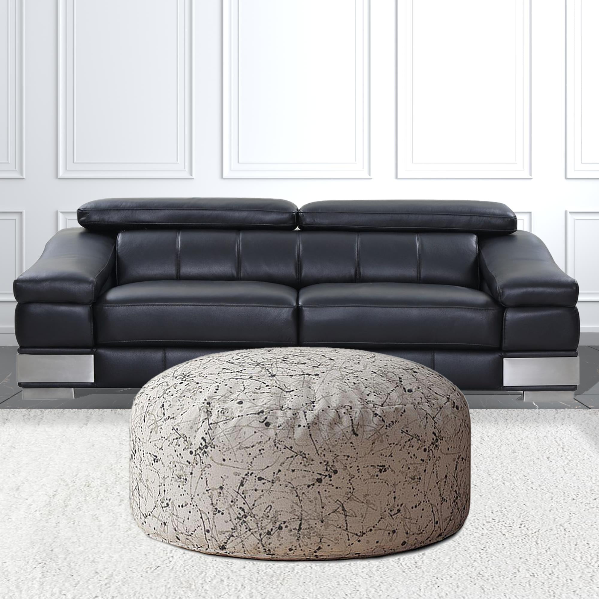 24" Beige Cotton Round Abstract Pouf Ottoman