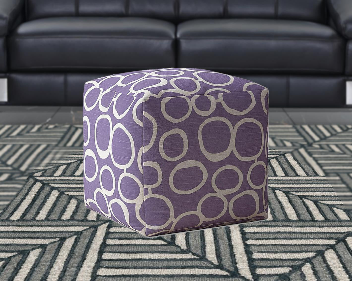 17" Purple and White Cotton Abstract Pouf Ottoman