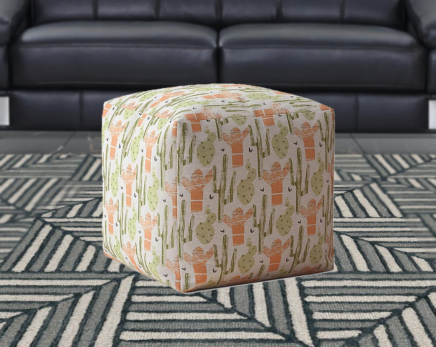 17" Orange Cotton Cactus Pouf Ottoman