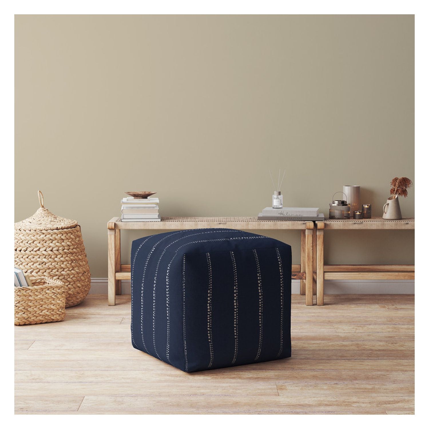 17" Blue Cotton Striped Pouf Ottoman