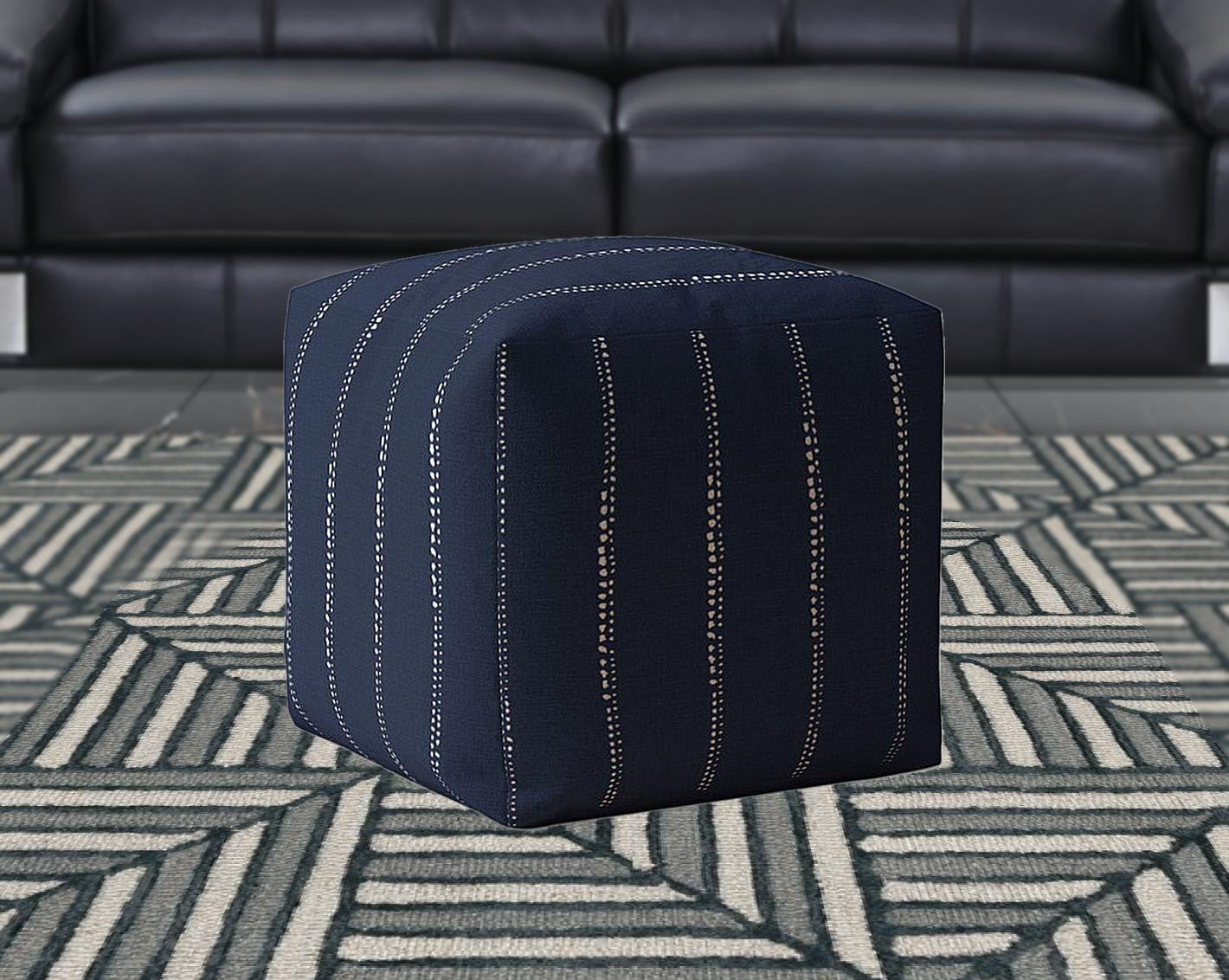 17" Blue Cotton Striped Pouf Ottoman