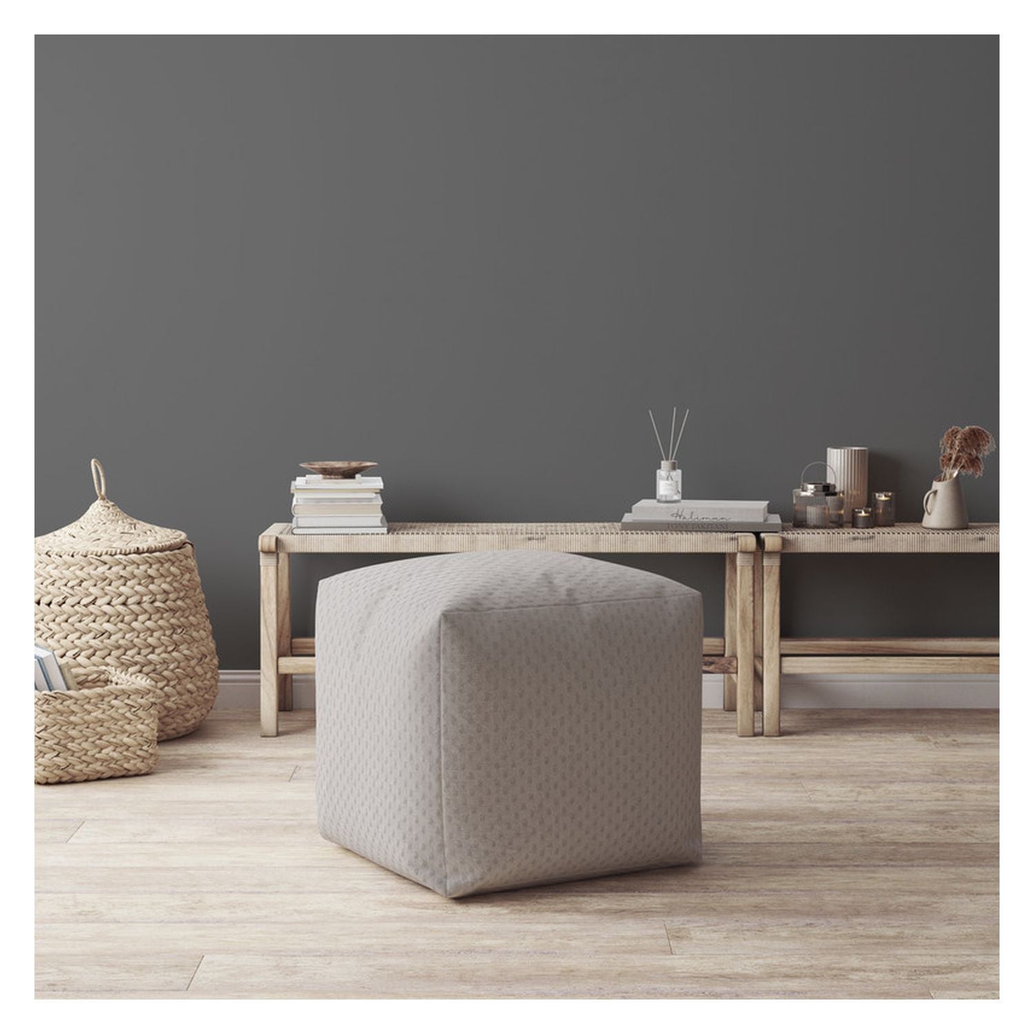 17" Gray Polyester Pouf Ottoman