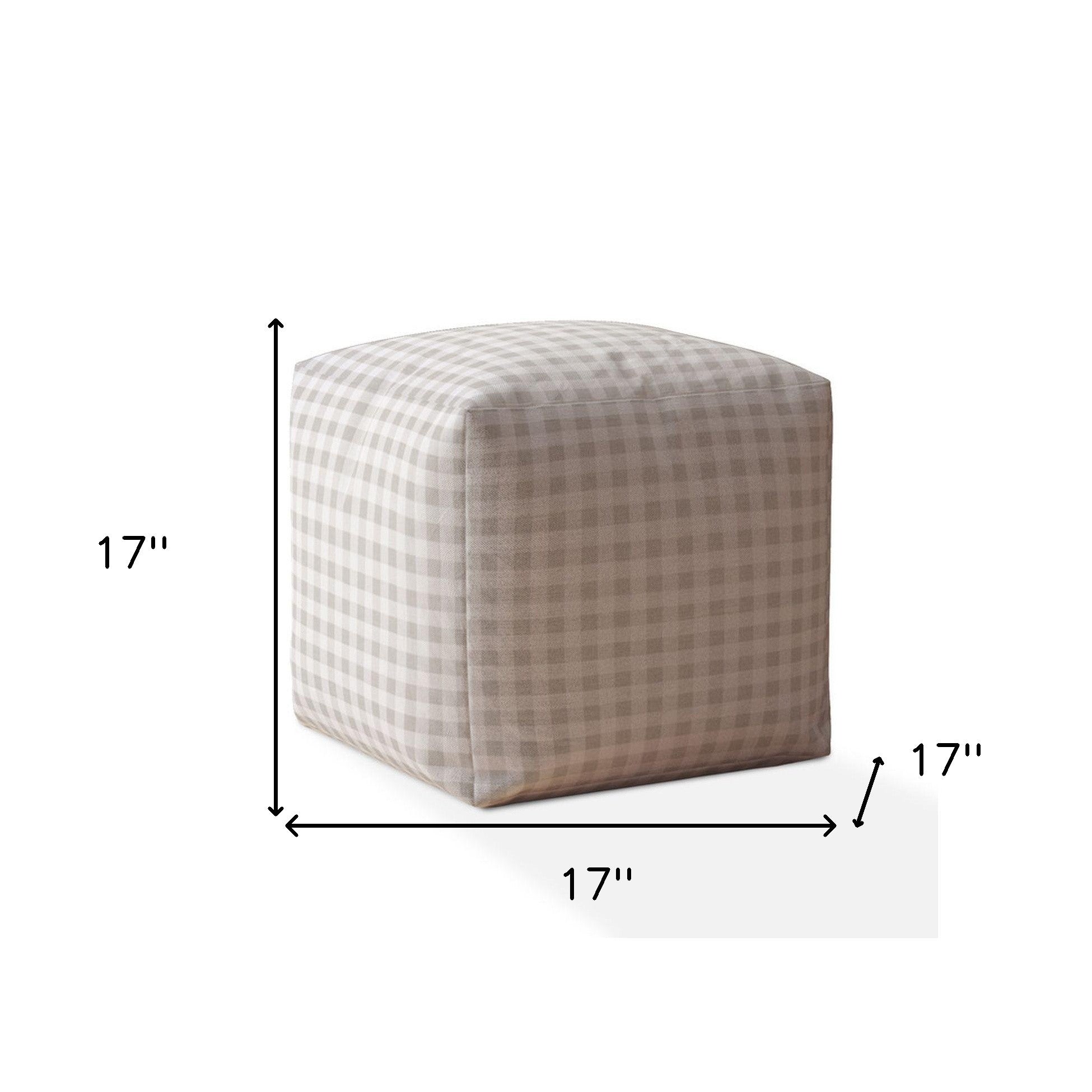 17" Gray Cotton Gingham Pouf Ottoman