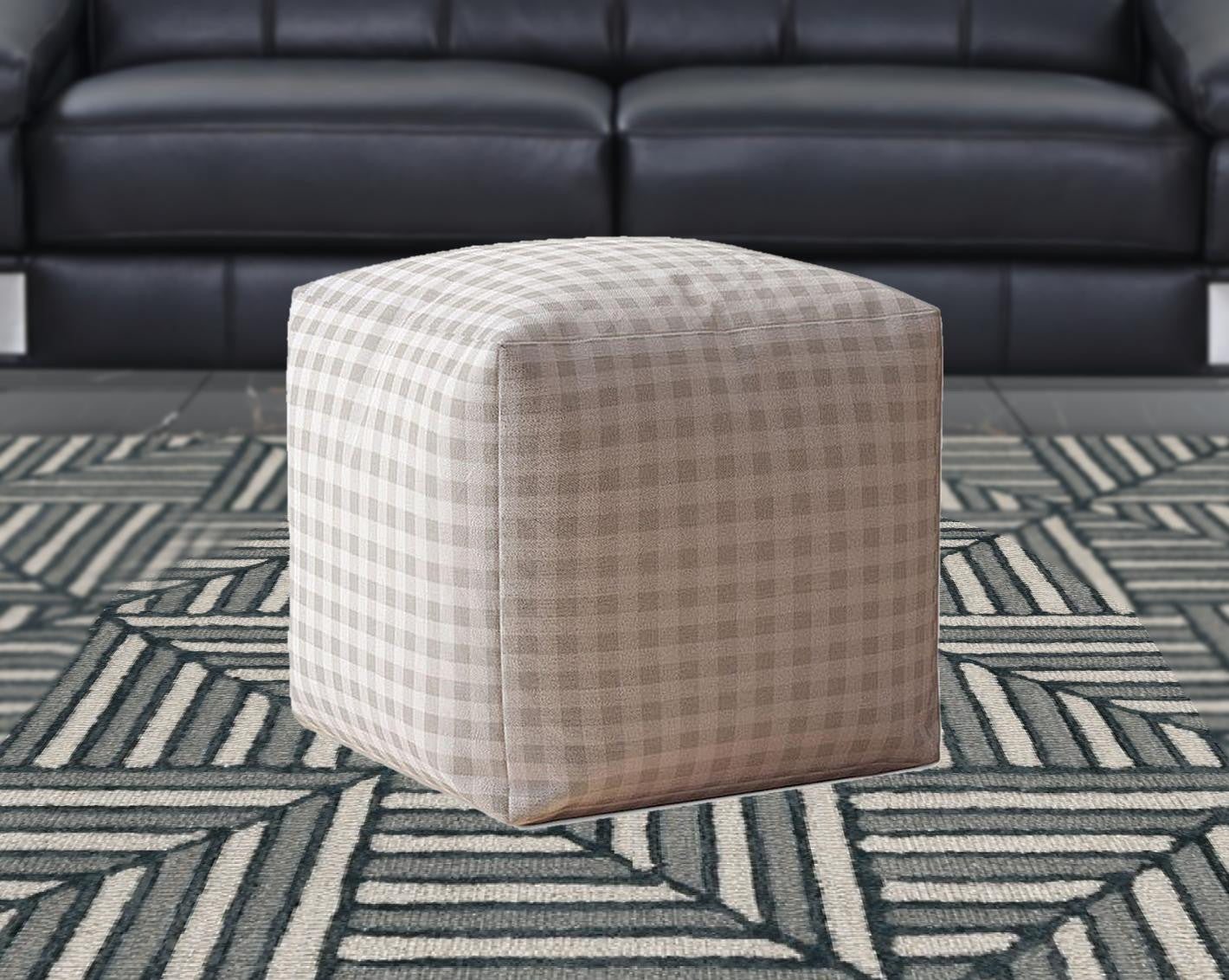 17" Gray Cotton Gingham Pouf Ottoman