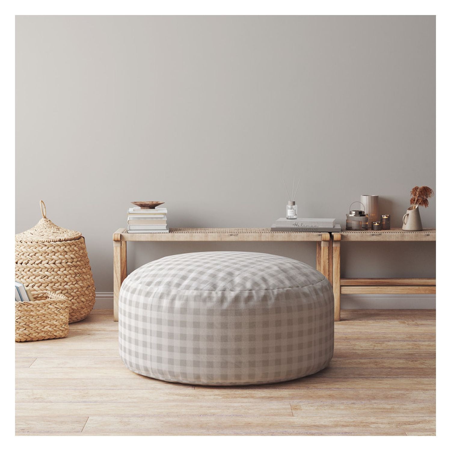 24" Gray Cotton Round Gingham Pouf Ottoman