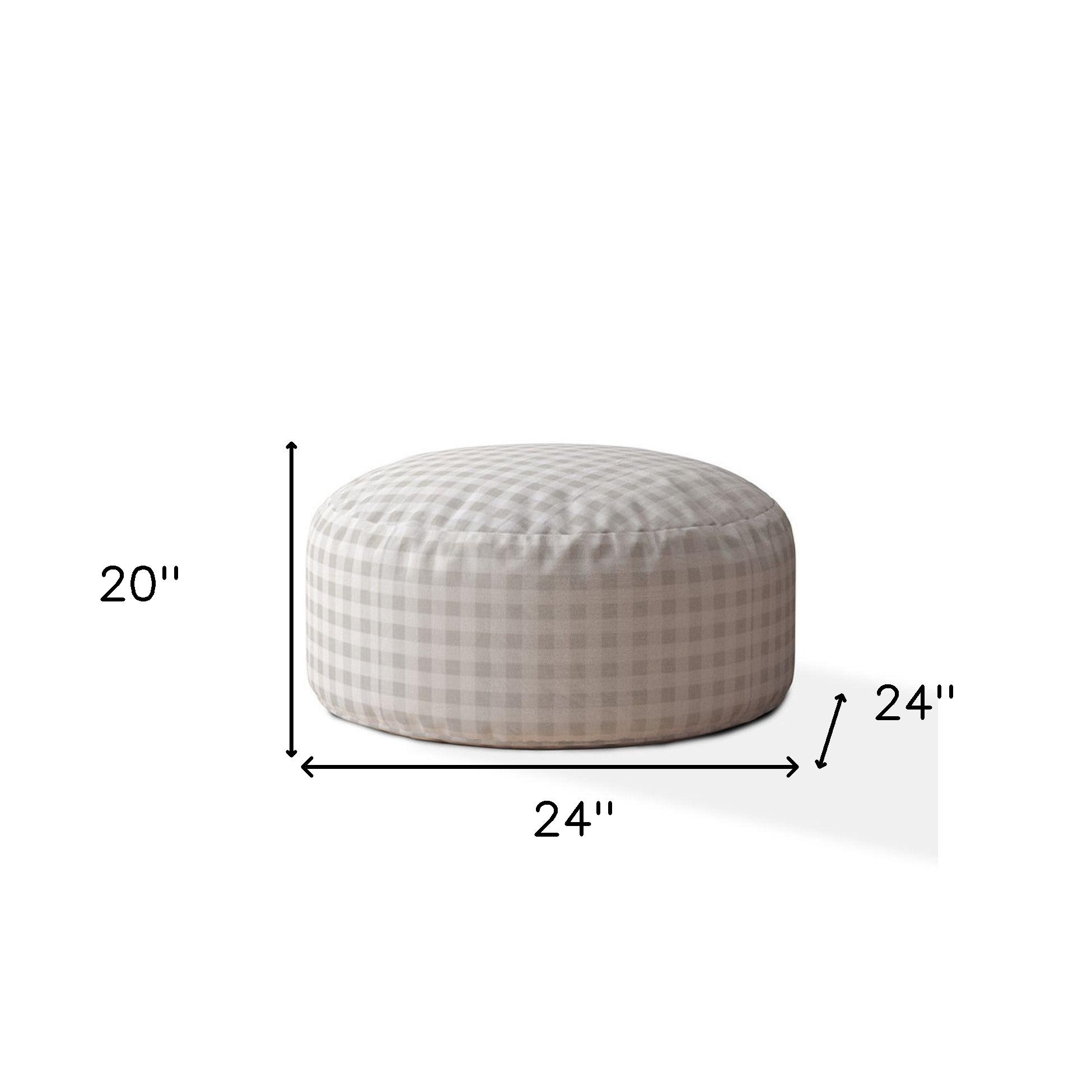 24" Gray Cotton Round Gingham Pouf Ottoman