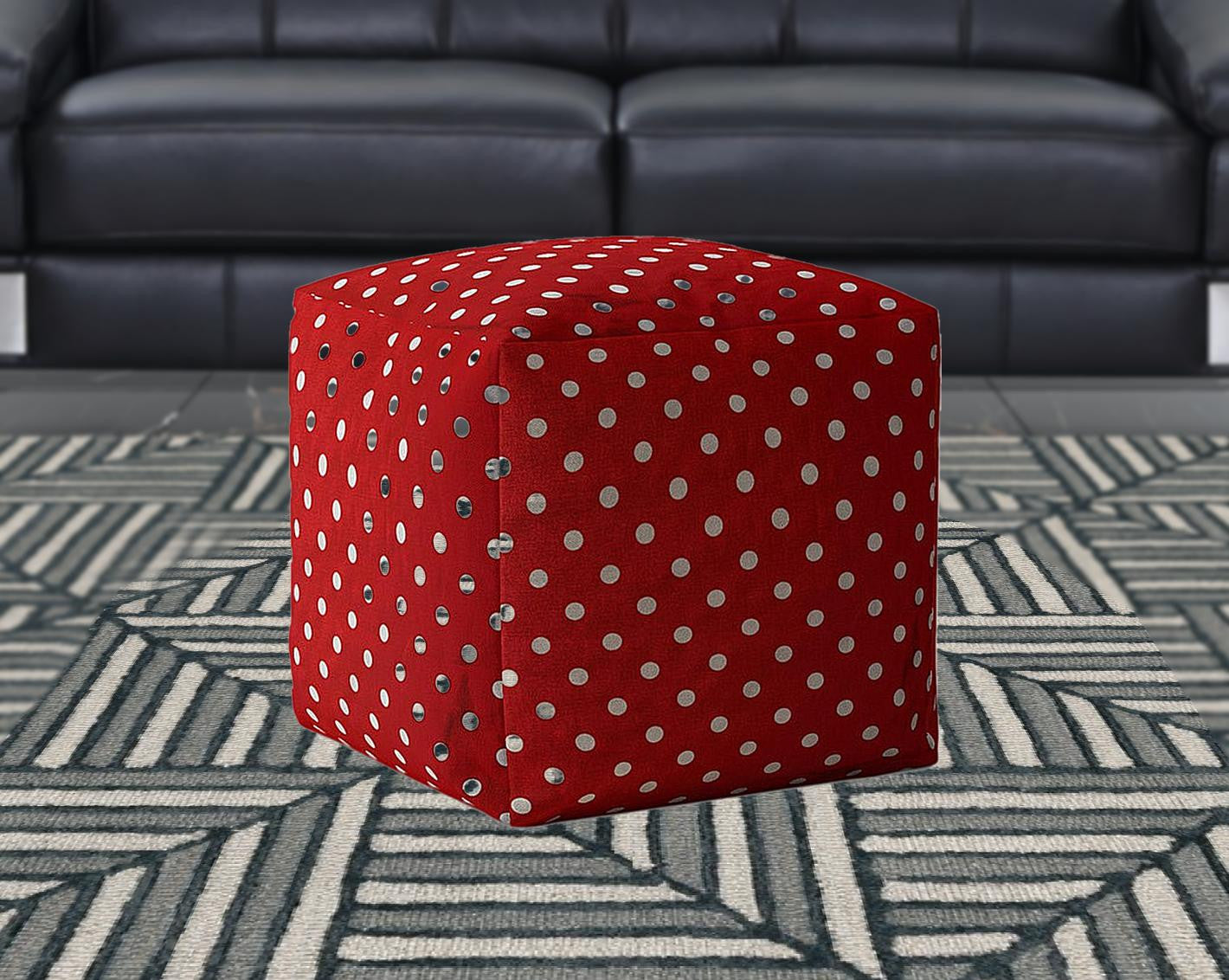 17" Red Cotton Polka Dots Pouf Ottoman