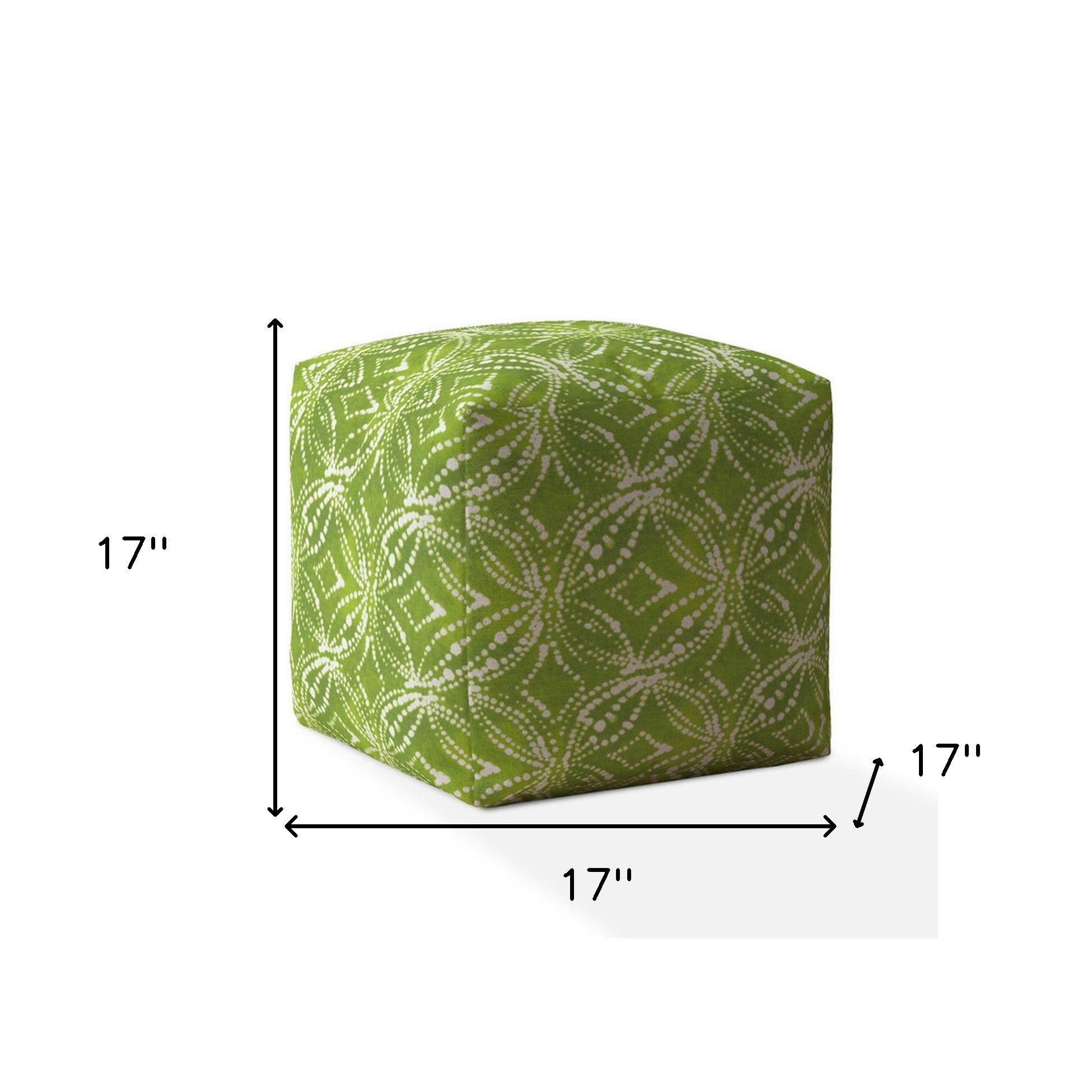 17" Green and White Cotton Damask Pouf Ottoman