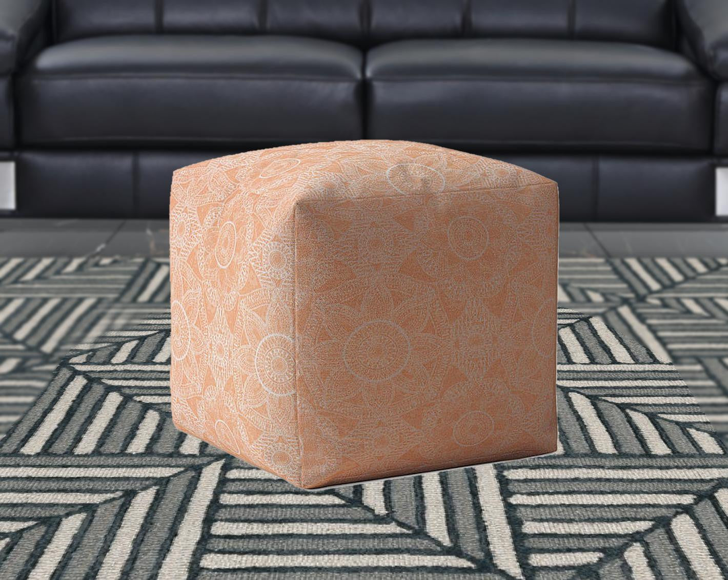 17" Orange Cotton Floral Pouf Ottoman