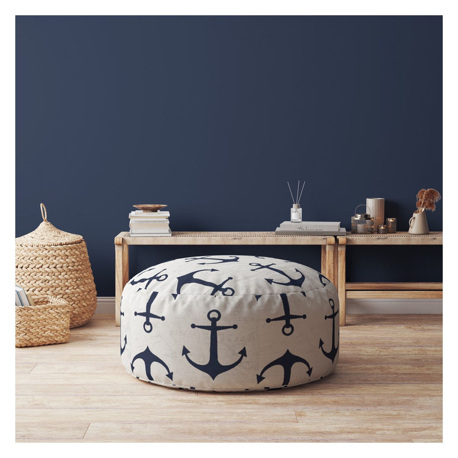 24" Blue Canvas Round Anchor Pouf Cover