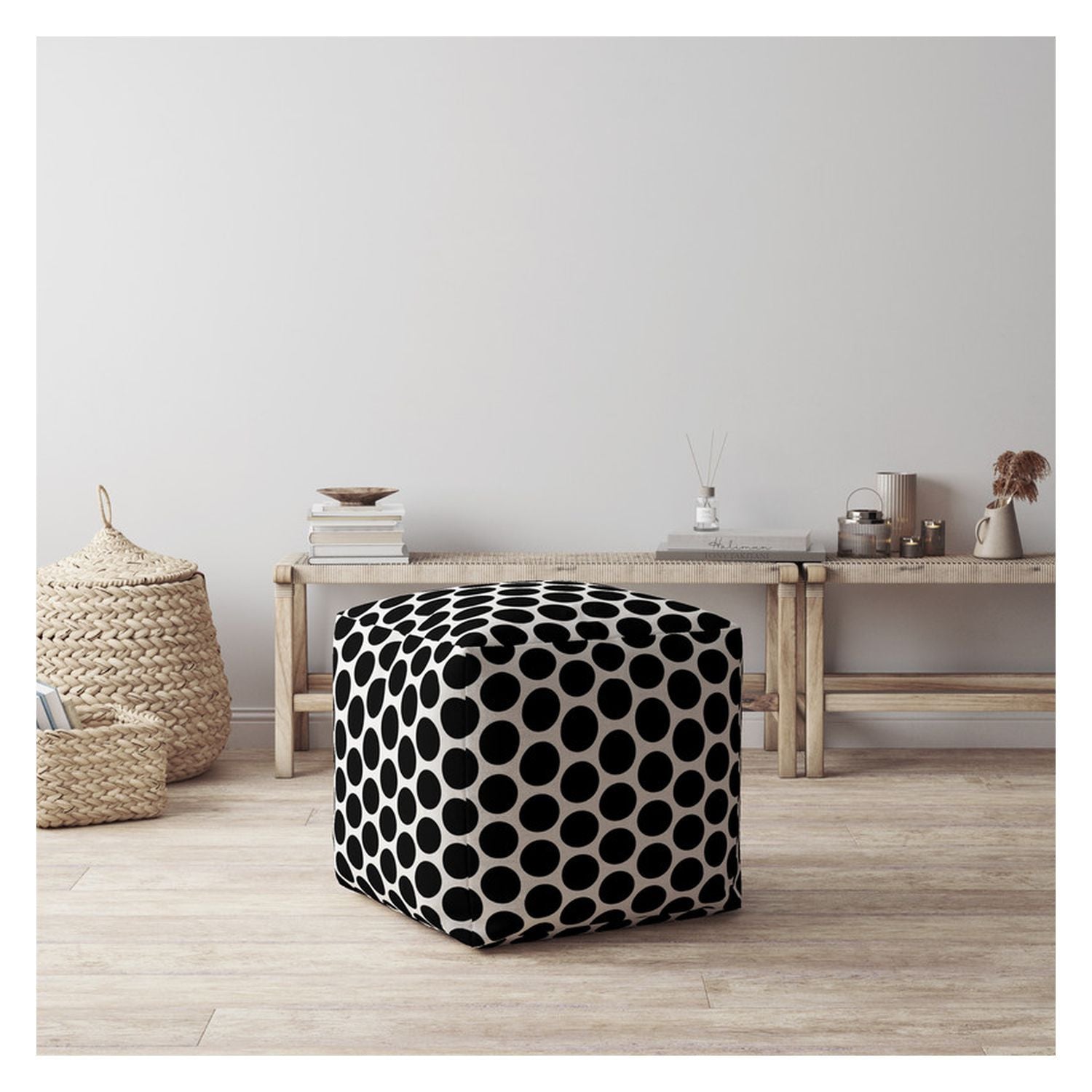 17" Black Cotton Polka Dots Pouf Cover