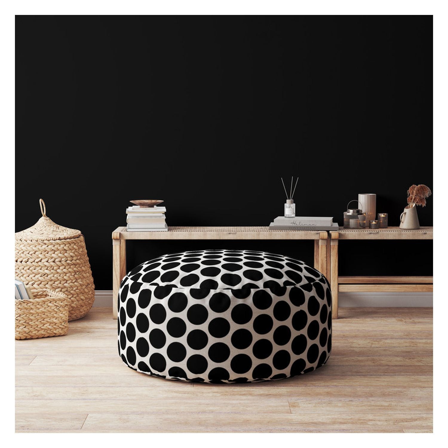 24" Black Cotton Round Polka Dots Pouf Cover