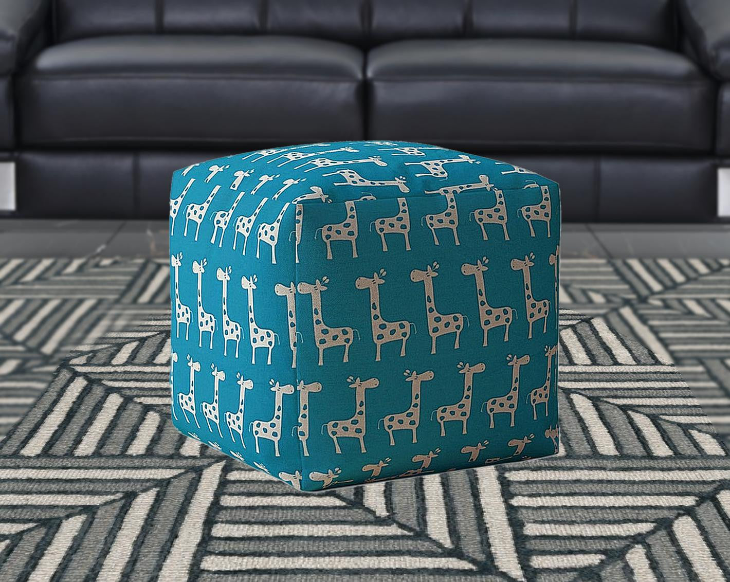 17" Blue And White Cotton Giraffe Pouf Cover