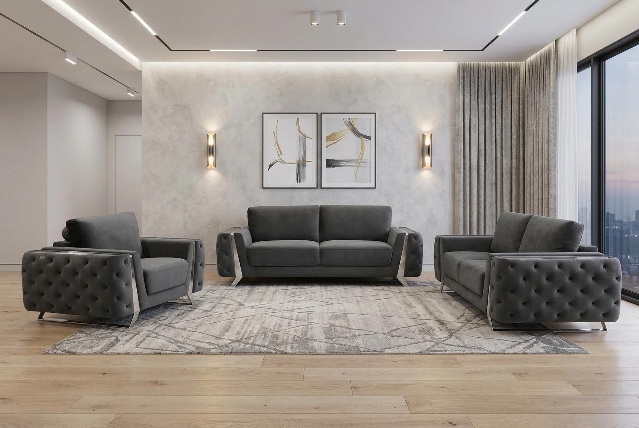 Three Piece Indoor Dark Gray Velvet Six Person Seating Set