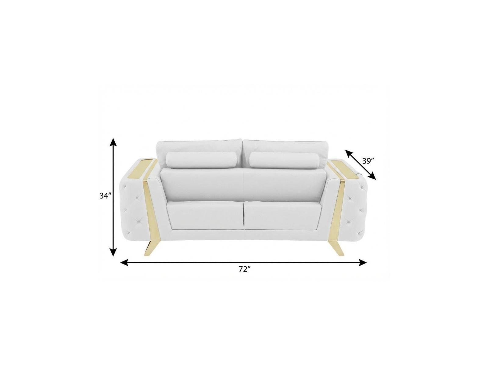 72" White And Gold Genuine Leather Loveseat