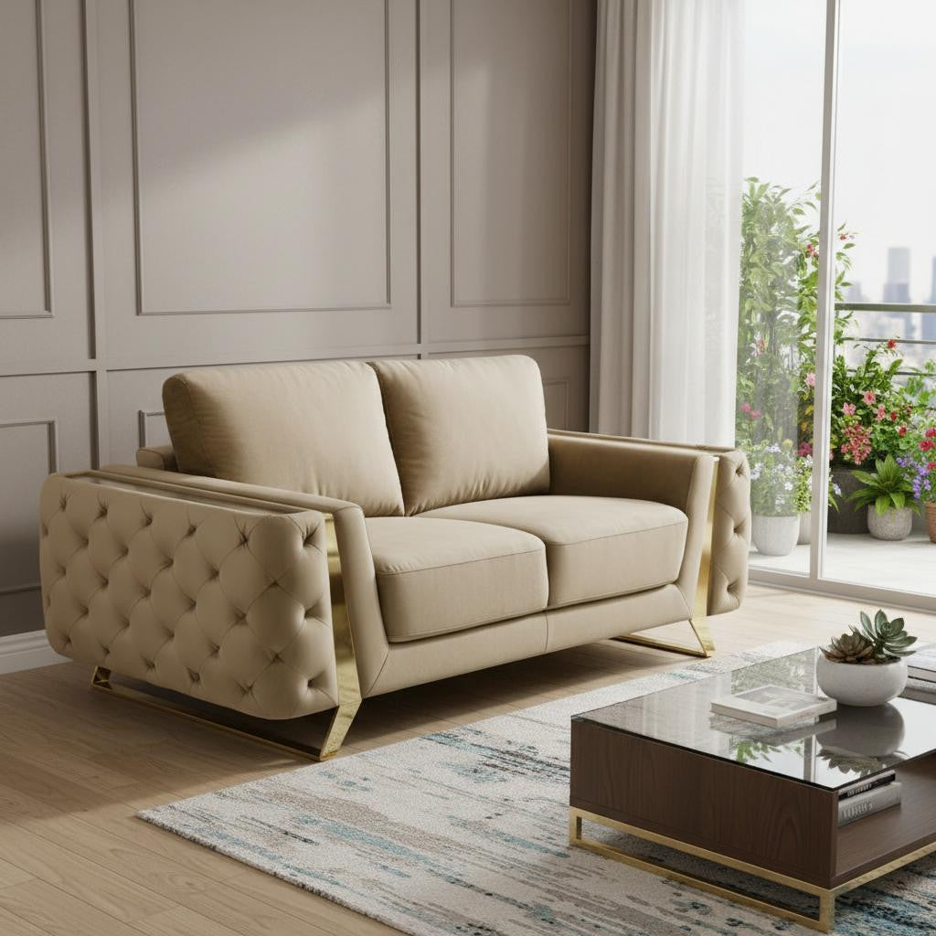 72" Beige And Gold Velvet Loveseat