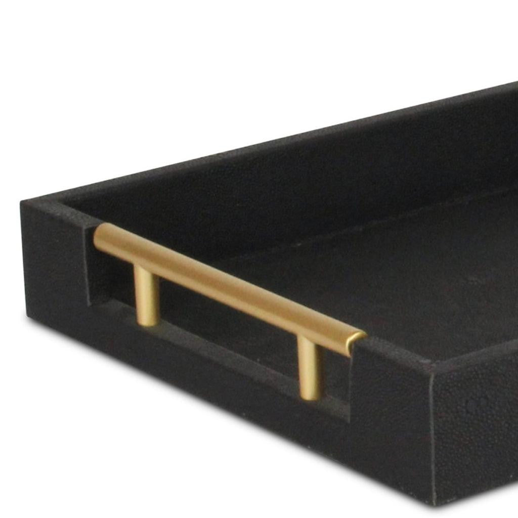 16" Black Wood and Vinyl Faux Shagreen Serving Tray With Gold Handles