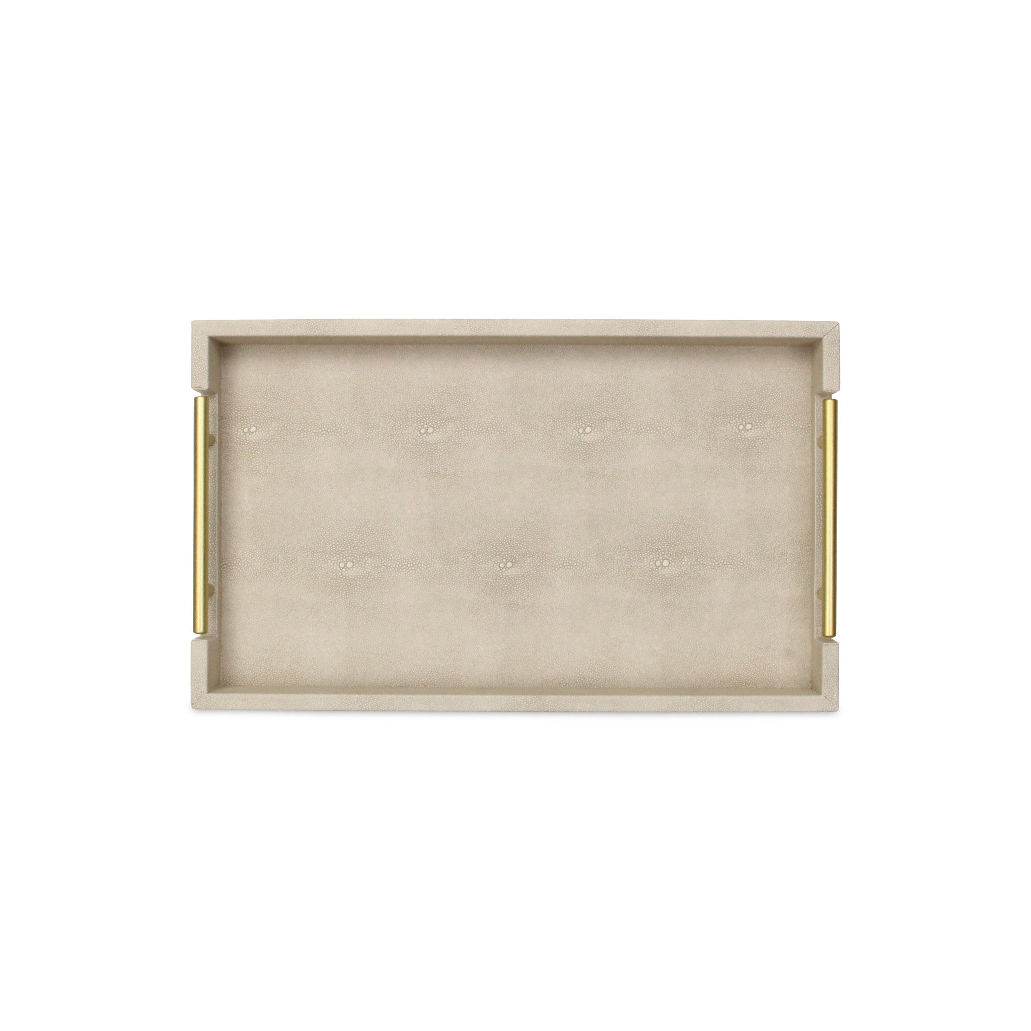 16" Cream Wood and Vinyl Faux Shagreen Serving Tray With Gold Handles