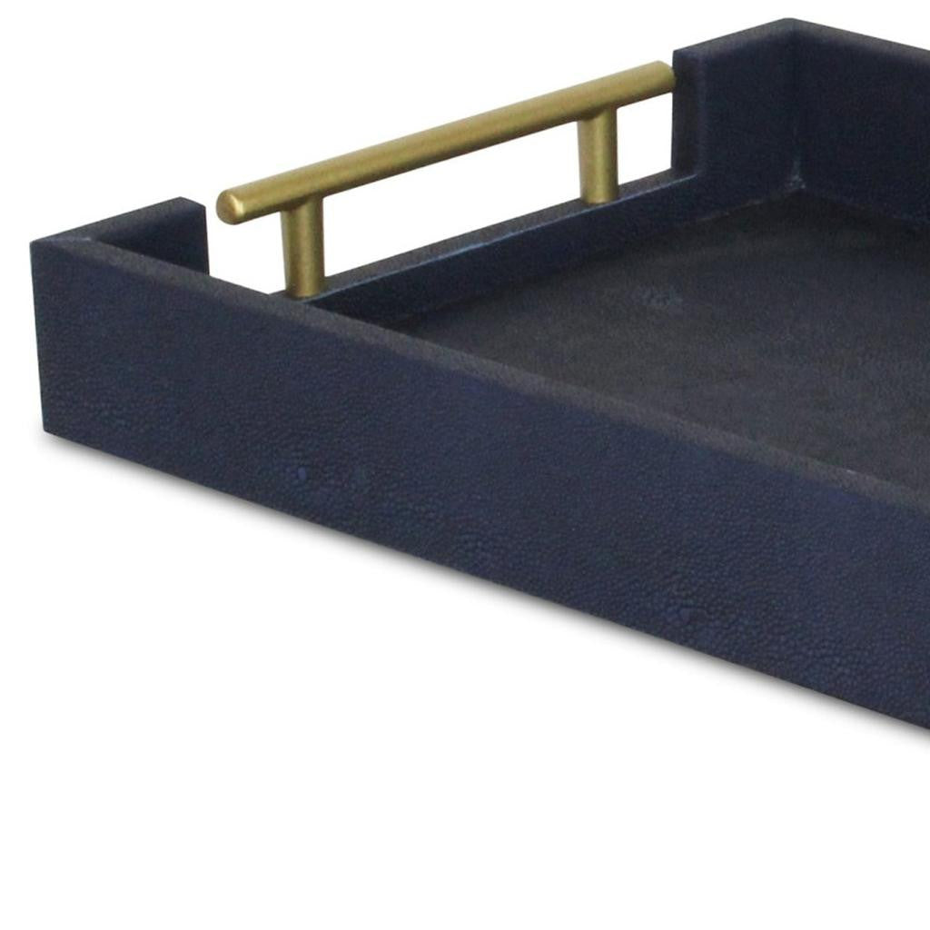 16" Navy Blue Wood Faux Shagreen Serving Tray With Handles