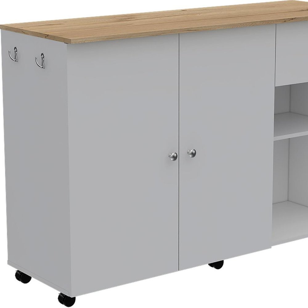 54" Oak and White Wood Flat Door Rolling Kitchen Island Set With Storage